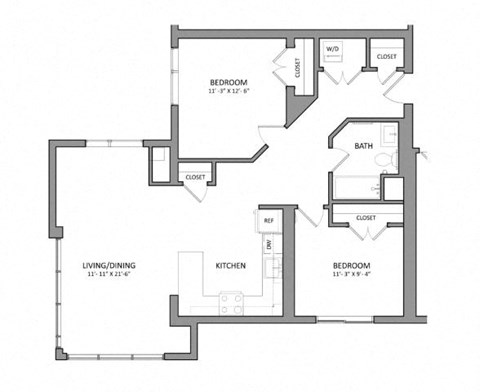Floor plan for 2 beds, 1 bath, 940 sqft